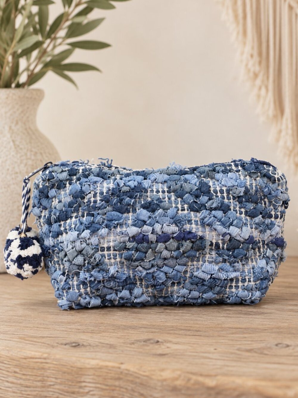 Lovestitch Mixed Blue Woven Pom-Pom Cosmetic Pouch